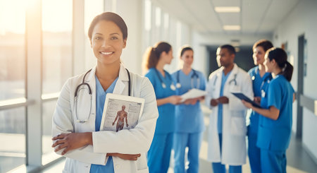 smiling female doctor with stethoscope and clipboard at hospital corridorの素材