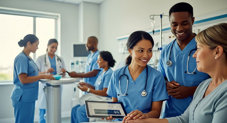 group of happy doctors with laptop computer at hospital office or medical clinicの素材