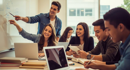 Group of happy young people in smart casual wear using gadgets and smiling while working in the officeの素材