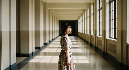 Young asian woman in long dress walking in corridor of modern buildingの素材
