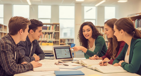 education, technology and people concept - group of smiling students with tablet pc computers having discussion in school libraryの素材