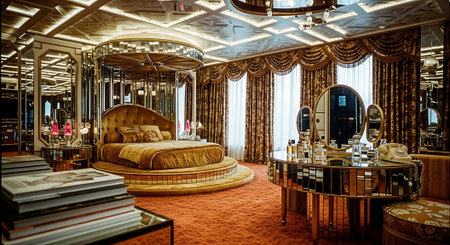Interior of a luxury hotel room with a large mirror and bedの素材