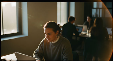 Portrait of a young woman working on a laptop while sitting in an office.の素材