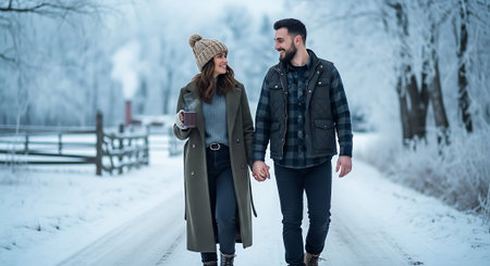 Beautiful young couple in winter park. Man and woman walking in winter forest.の素材