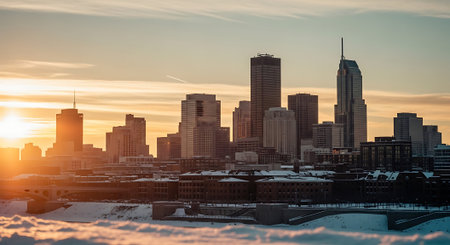 Chicago downtown skyline at sunset with skyscrapers in winter season.の素材