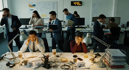 Stressed business people sitting at desk in office and looking at computer monitorの素材