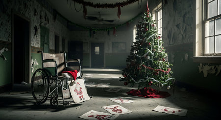 Abandoned wheelchair in a room with a Christmas tree and giftsの素材