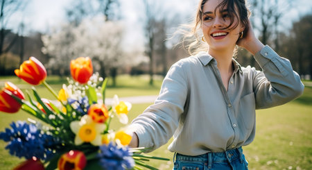 Beautiful young woman holding a bouquet of tulips in the parkの素材