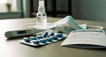 Close up of thermometer, pills and medical mask on a deskの素材