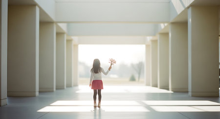Rear view of little girl holding bouquet of flowers in hallの素材
