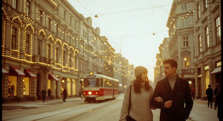 Young couple in love walking on the street in Lviv, Ukraineの素材