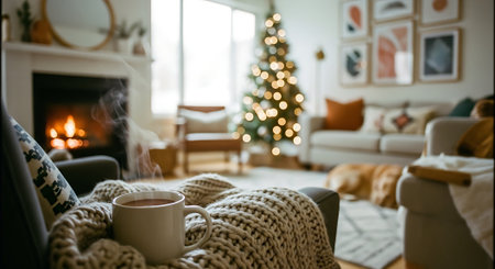 Cup of hot tea on sofa in cozy living room with Christmas tree in backgroundの素材