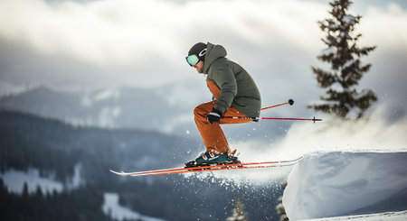 Freeride skier skiing downhill at high speed in high mountainsの素材