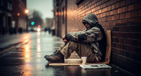 Homeless beggar sitting on the street in a rainy day.の素材