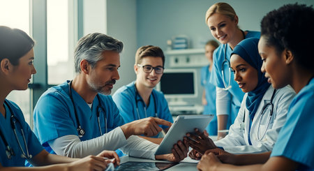 group of medics or doctors with tablet pc computer discussing something in hospitalの素材