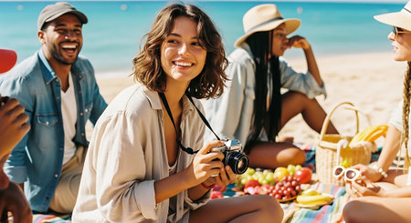selective focus of smiling woman photographing friends with camera on beachの素材