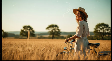 Beautiful girl in hat with bicycle in wheat field at sunset.の素材