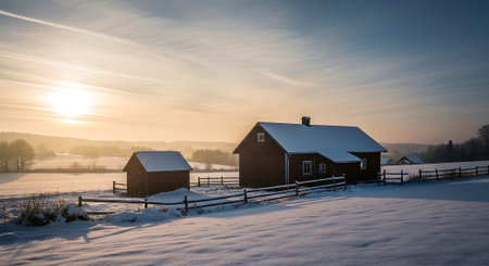 Winter landscape with snow covered fields and old wooden houses at sunset.の素材