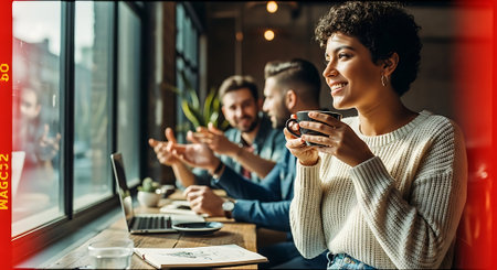 Beautiful young woman is drinking coffee and smiling while her colleagues are working in cafeの素材