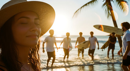 Group of friends having fun on the beach at sunset. Concept of summer vacation.の素材