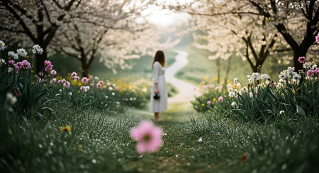 Young woman walking in blooming spring garden with white daffodilsの素材