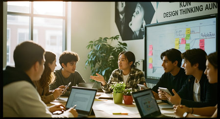 Startup Teamwork Brainstorming Planning Meeting Concept. Multiethnic startup business team on meeting in modern bright office interior.の素材