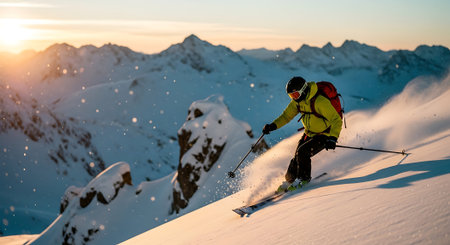 Skier skiing downhill in high mountains during sunset. Extreme sport.の素材