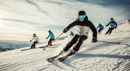 Group of skiers having fun on the ski slope at sunset.の素材