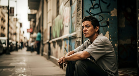 Portrait of a young man sitting on the street in the cityの素材