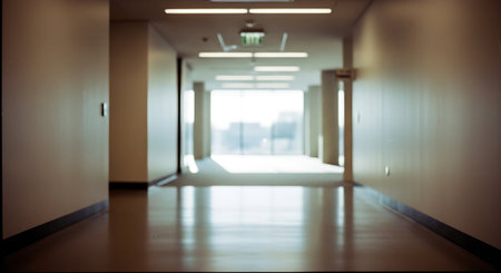 Blurred image of hospital corridor with lights and shadows on the floorの素材