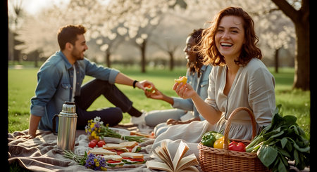 Happy couple enjoying picnic in park. Young man and woman sitting on blanket and eating fresh vegetables.の素材