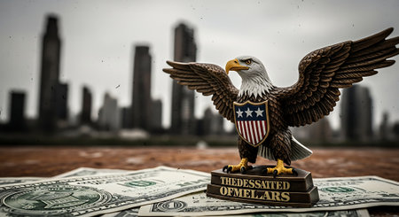 American flag and eagle statue on dollar banknotes with cityscape backgroundの素材