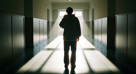 Young man standing in corridor and looking at the light from the windowの素材