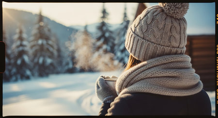 A young woman in a knitted hat and scarf holds a cup of hot chocolate in her hands on the background of a winter landscape.の素材