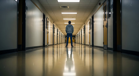 Rear view of a man walking in a corridor in a hospitalの素材