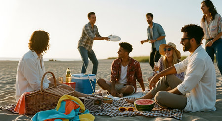 Group of friends having a picnic on the beach at the day timeの素材