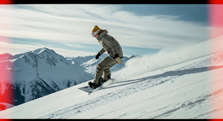 Snowboarder jumping in the mountains. Extreme snowboard freeride sport.の素材