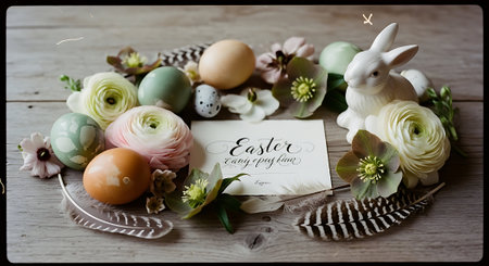 Easter decoration with eggs, rabbit and flowers on wooden background.の素材