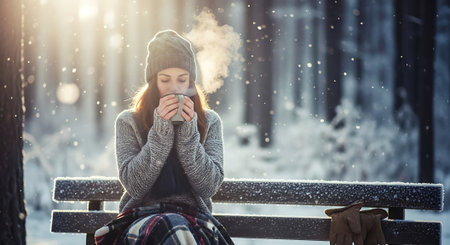 Young woman with a cup of hot drink in the winter park.の素材