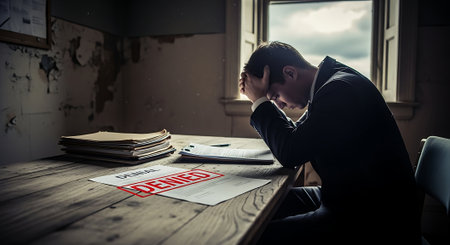 Stressed businessman sitting at his desk in an office and holding his headの素材