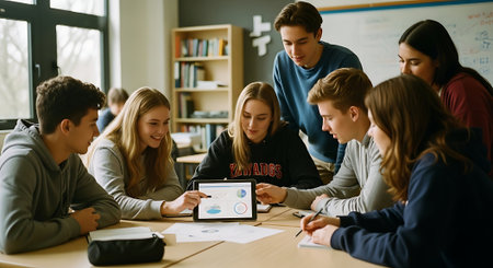 Group of young students studying together in a classroom. Education concept.の素材