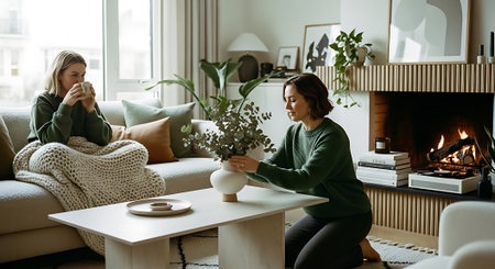 Young woman sitting on sofa and drinking coffee in living room at homeの素材