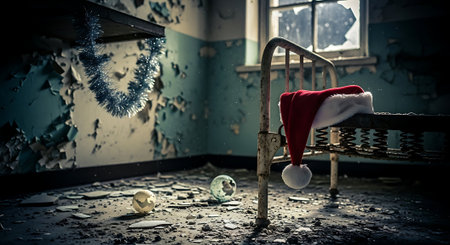 Abandoned room with Santa Claus hat. Christmas and New Year concept.の素材