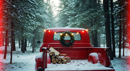 Christmas car with gifts on the roof in the winter forest. Christmas backgroundの素材