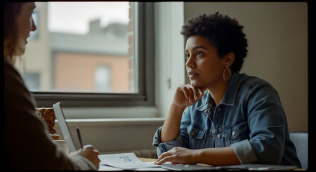 Serious african american businesswoman sitting at desk in office and looking awayの素材