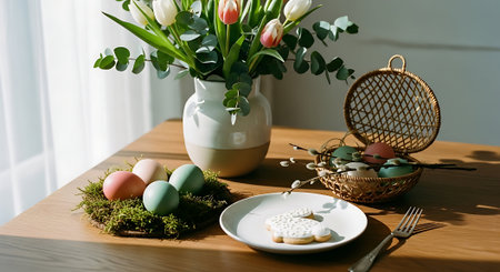 Easter table setting with eggs, tulips and cookies on wooden tableの素材