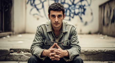 Portrait of a young man sitting on the street in the cityの素材