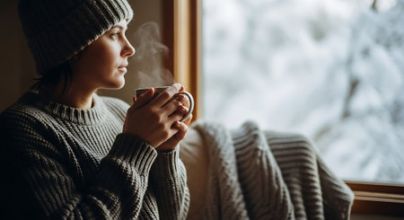 Young woman in a warm knitted sweater and hat sits on the windowsill and drinks hot tea or coffee.の素材
