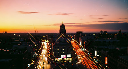 Aerial view of a modern city at night with traffic lights and buildingsの素材