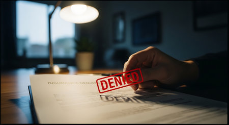 Close up of a businessman reading a document with the word denied on itの素材